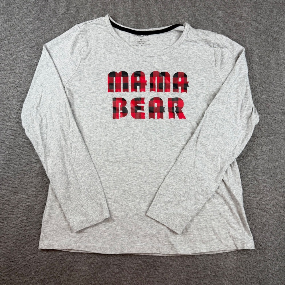 North Pole Trading Co. Mama Bear Top Womens Medium Gray Plaid Graphic LS Tee